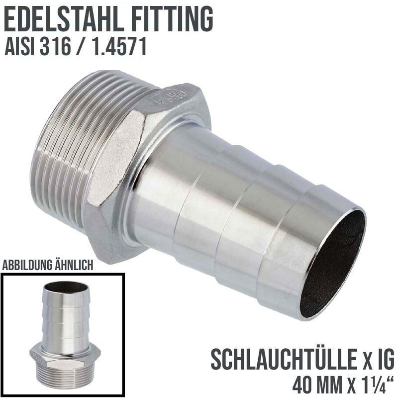 40 mm x 1 1/4" Zoll Schlauch Tülle Stutzen Außengewinde AG Nippel Edelstahl AISI 316 VA  Fitting - PN 20 bar