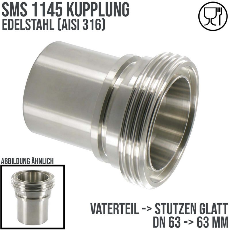 DN 63 SMS Kupplung 1145 Vaterteil VT Außengewinde Sicherungsbund - Stutzen glatt 63 mm - PN 25 bar