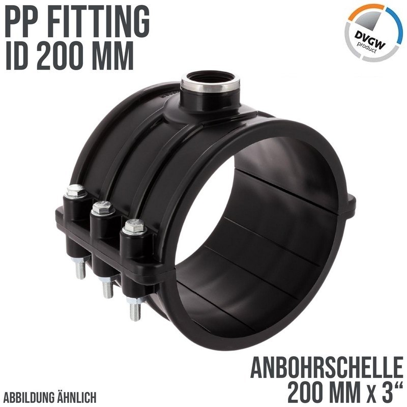 200 mm x 3" PP PE Anbohr Abzweig Schelle Klemmschale x Innengewinde DVGW [PN6]