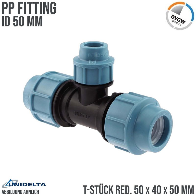 50 x 40 x 50 mm PE PP Fitting Klemm Verbinder Verschraubung Muffe reduziert T-Stück 90° DVGW - Unidelta