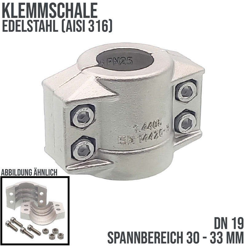 DN 19 Klemmschale Edelstahl AISI 316 Spannbereich 30 - 33 mm für Schlauch ID x AD 19 x 31 mm - PN 25 bar