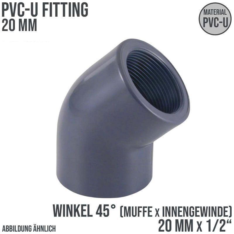 20 mm PVC Klebe Fitting Winkel 45° Innengewinde IG 20 mm x  1/2" Muffe Verbinder - PN 10 bar