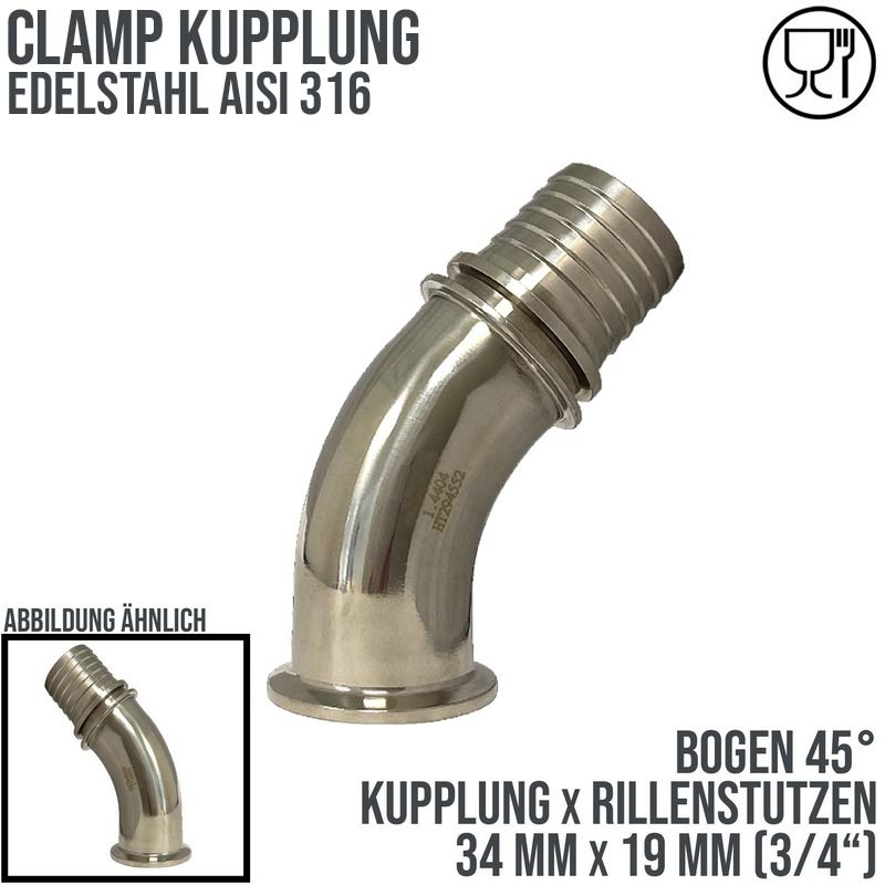CLAMP Kupplung 45° Bogen 34 mm Schlauch Stutzen Tülle Rillen 19 mm 3/4" - PN 16 bar