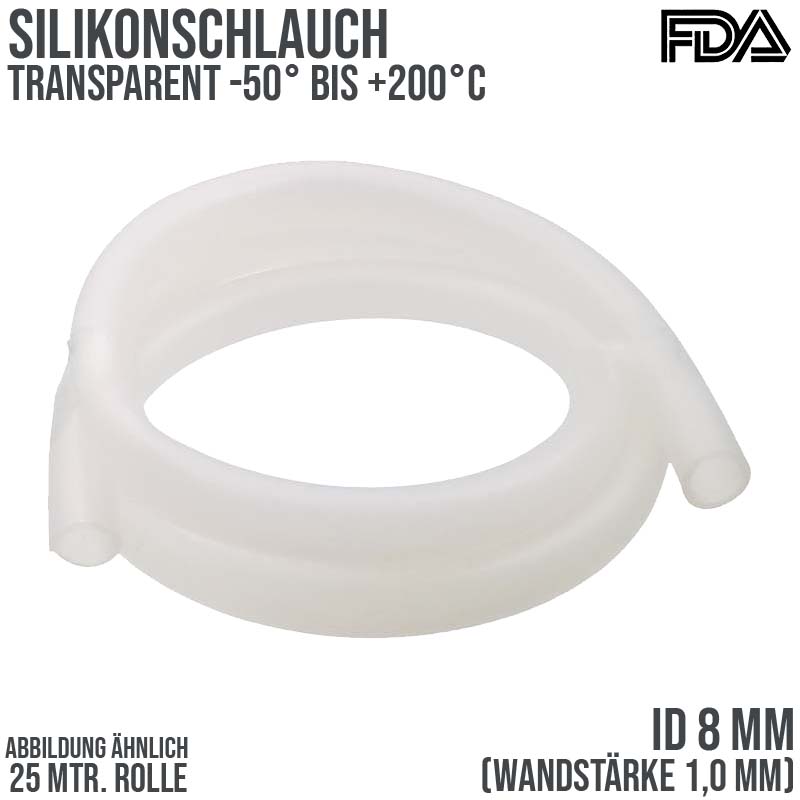 8 x 10 mm Silikon Silicon Milch Schlauch transparent lebensmittelecht FDA 0,31 bar - 25 m
