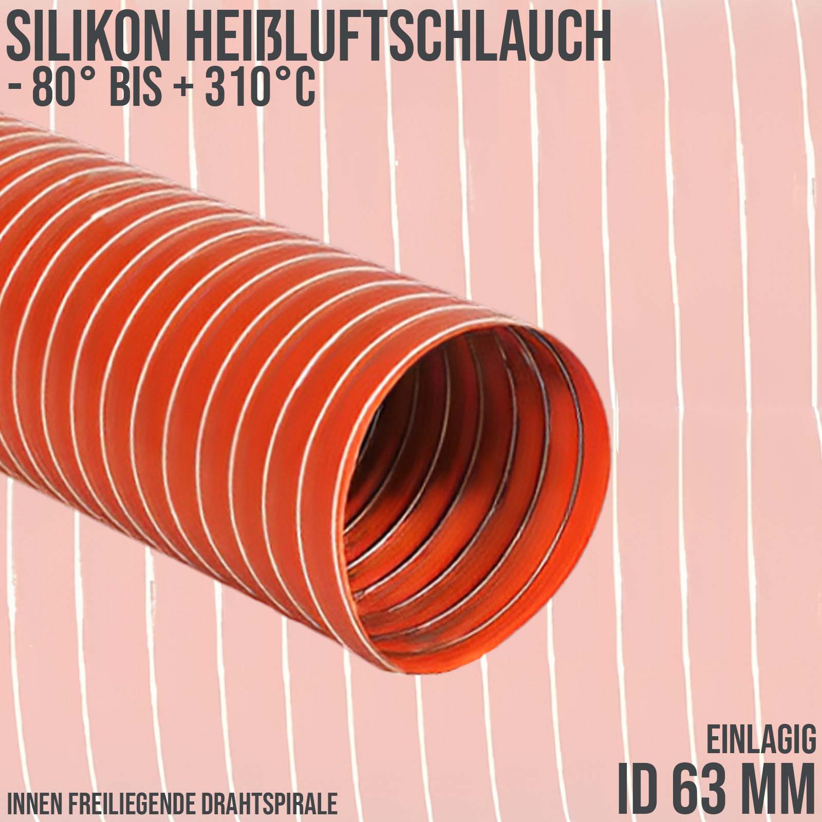 63 mm Silikon Heißluftschlauch rot - einlagig - Wandstärke 0,27 mm - PN 1.1 bar