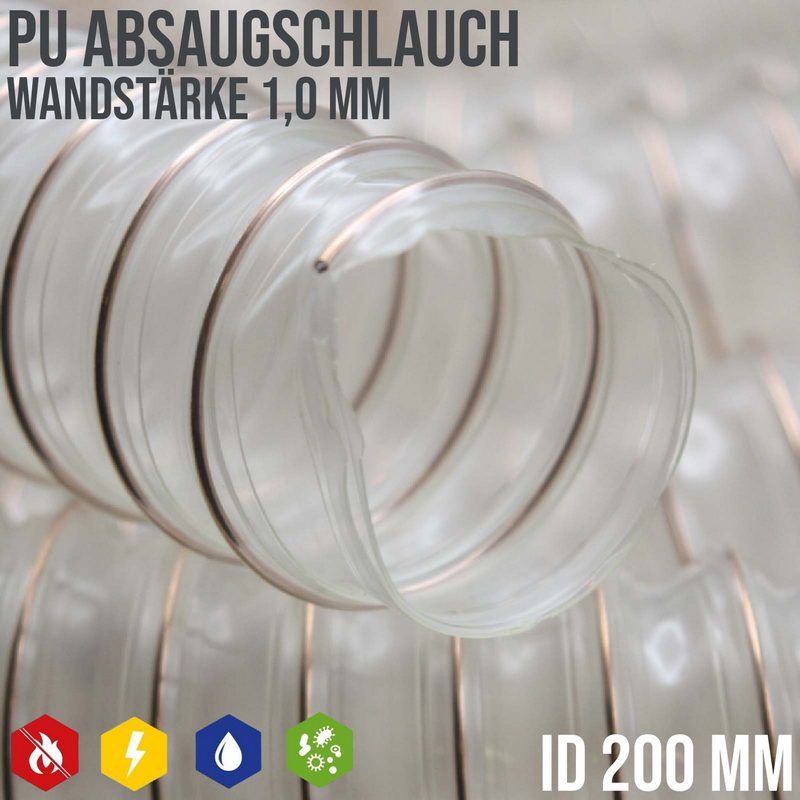 200 mm PU Saug Ansaug Druck Spiral Flex Staub Holz Metall Späne Schlauch Anlage - Wandstärke 1,0 mm - PN 0,30 bar