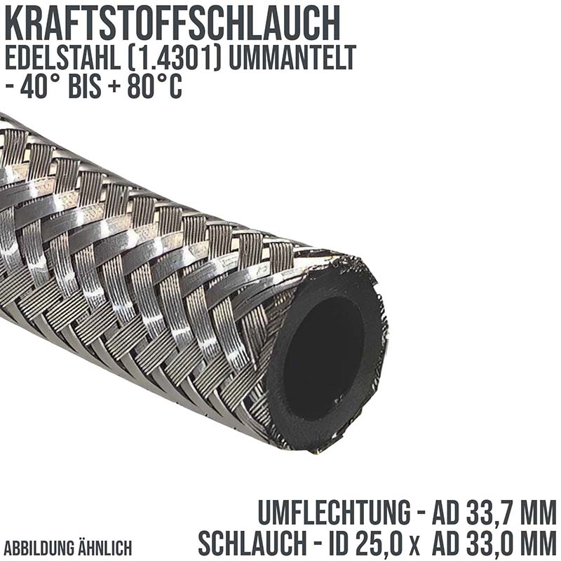 25,0 x 33,0 mm Kraftstoff Silber Benzin Öl Schlauch Edelstahl 1.4301 Draht Umflechtung NBR - PN 12 bar