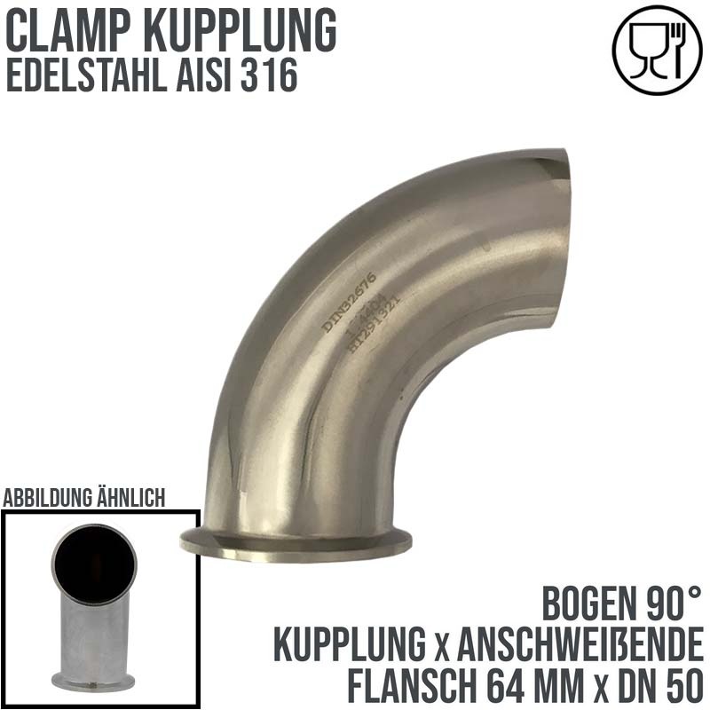 CLAMP Kupplung Bogen 90° 64 mm DIN 32676 Flansch Teller Anschweissende DN 50  2" - PN 16 bar
