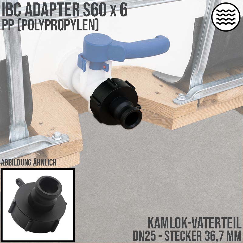 S60 x 6 IBC Adapter auf Kamlok Vaterteil DN25 (36,7mm) PP Polypropylen Container Tank Zubehör