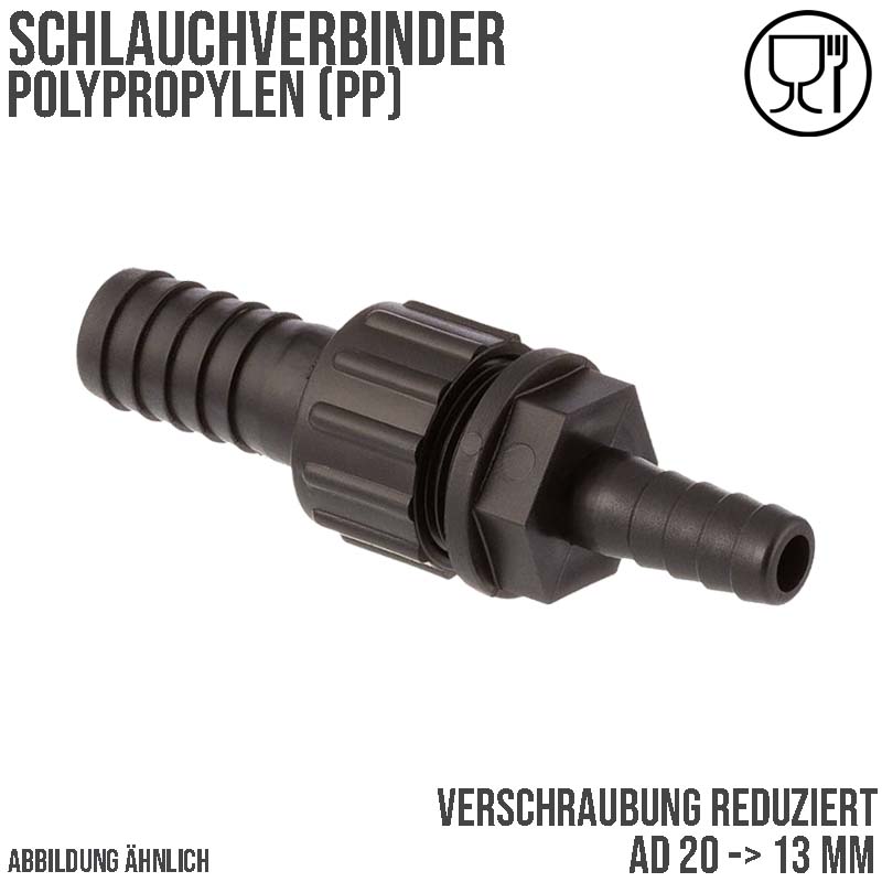20 x 13 mm Schlauch Verschraubung reduziert 2-fach Stutzen Tülle Pool Teich Garten PP schwarz - PN 6 bar