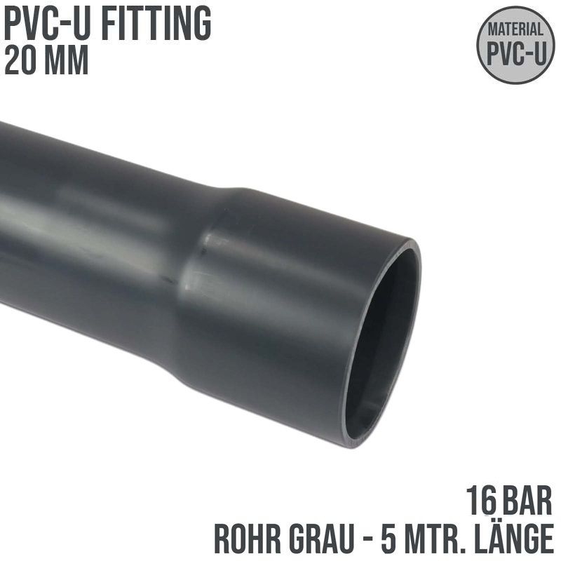 20 x 1,5 mm PVC Klebe Fitting Druck Kunststoff Rohr grau - 5 m Länge - PN 16 bar