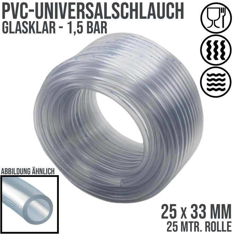 25 x 33 mm PVC Luft Filter Wasser Universal Labor Aquarium Terrarium Schlauch klar durchsichtig - PN 1,5 bar  - 25 m