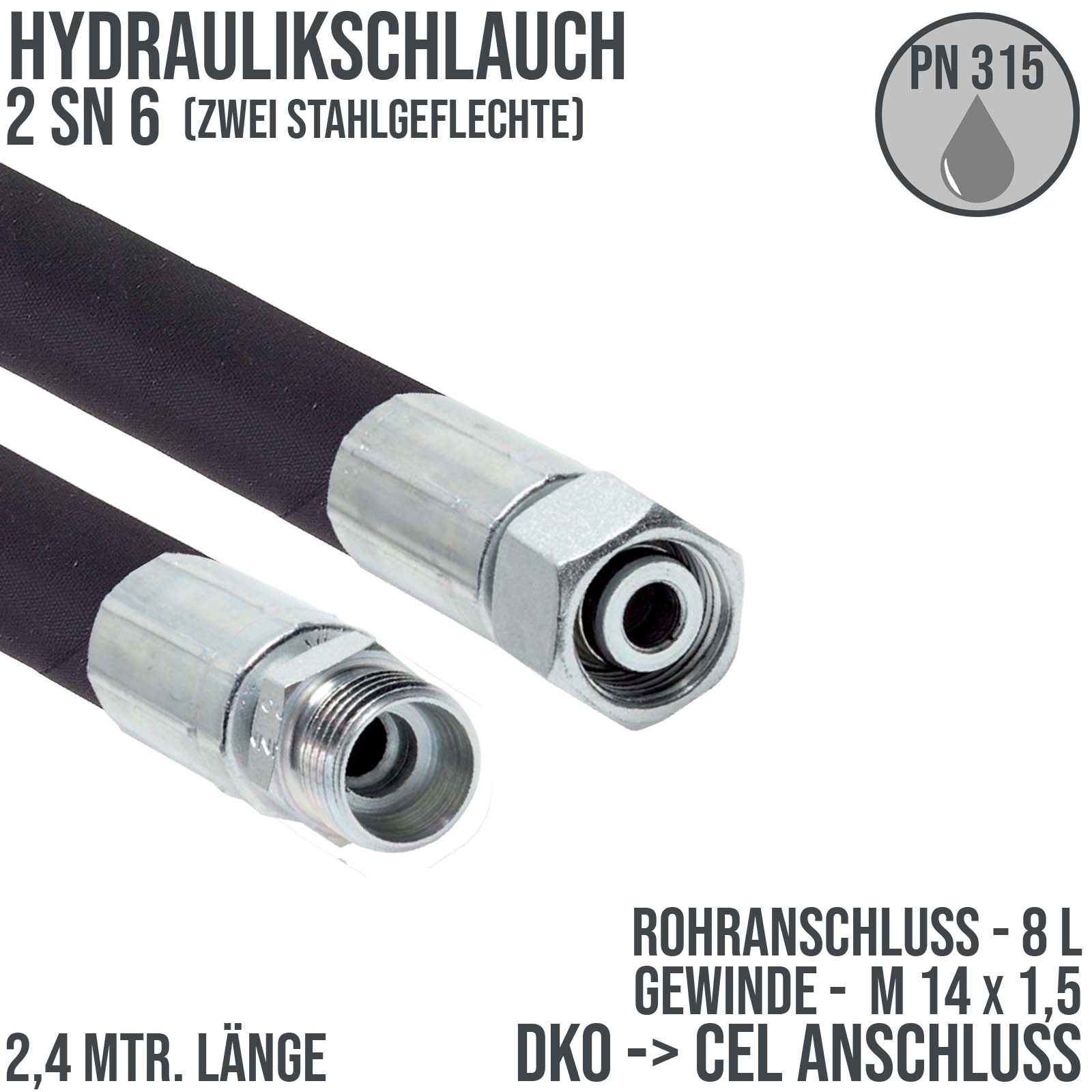 Hydraulikschlauch 2 SN 6 - 8 L DKO (IG) auf CEL (AG) Anschluss (M 14 x 1,5) - 2300 mm