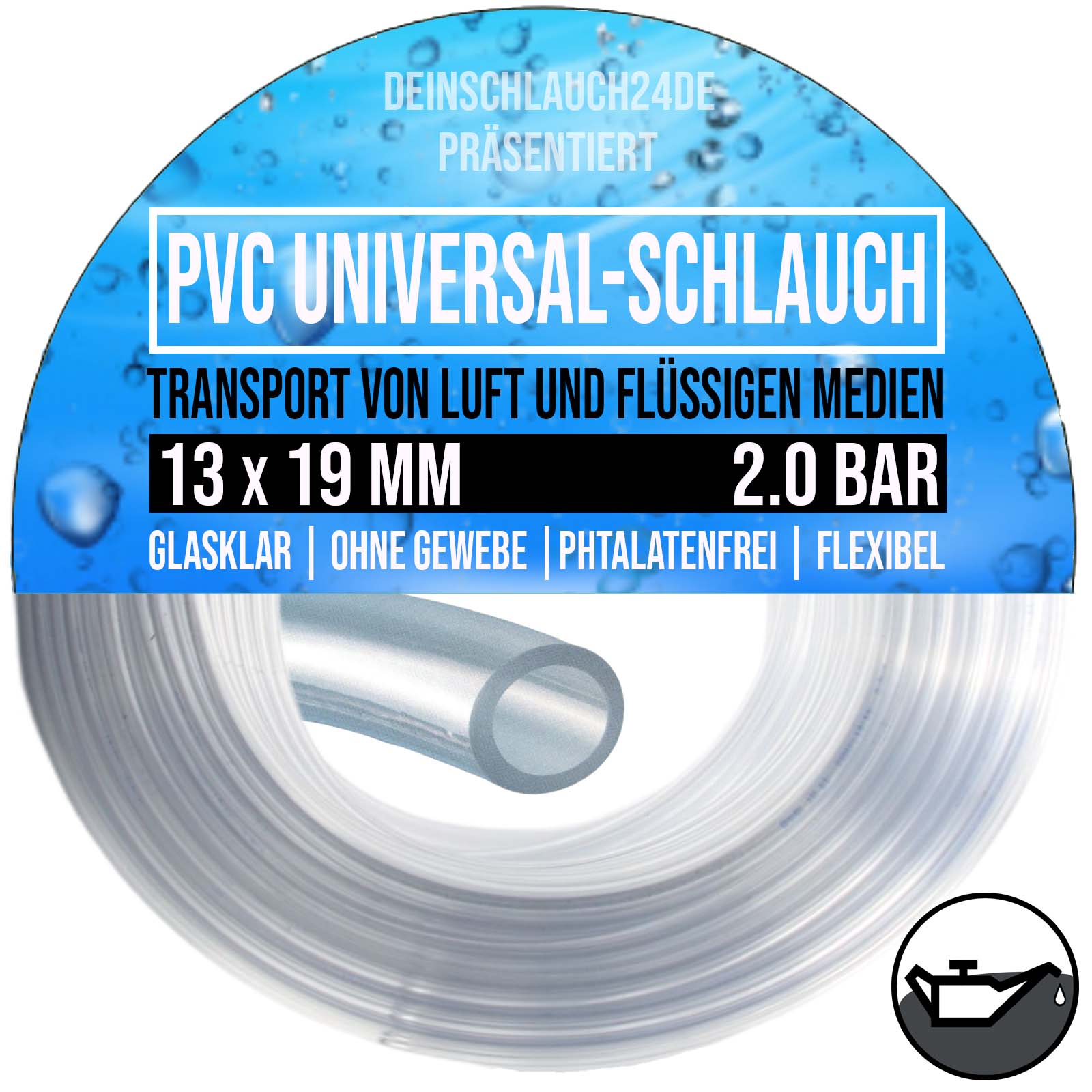 13 x 19 mm PVC Flüssigkeit Öl Luft Wasser Universal Labor Schlauch klar durchsichtig - PN 2 bar