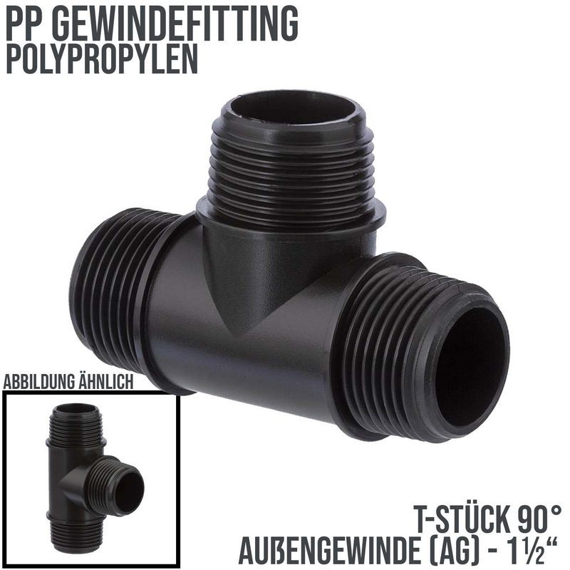 1 1/2 " PP Gewinde Fitting T-Stück 90° schwarz Außen x Außengewinde IG Polypropylen - PN 10 bar