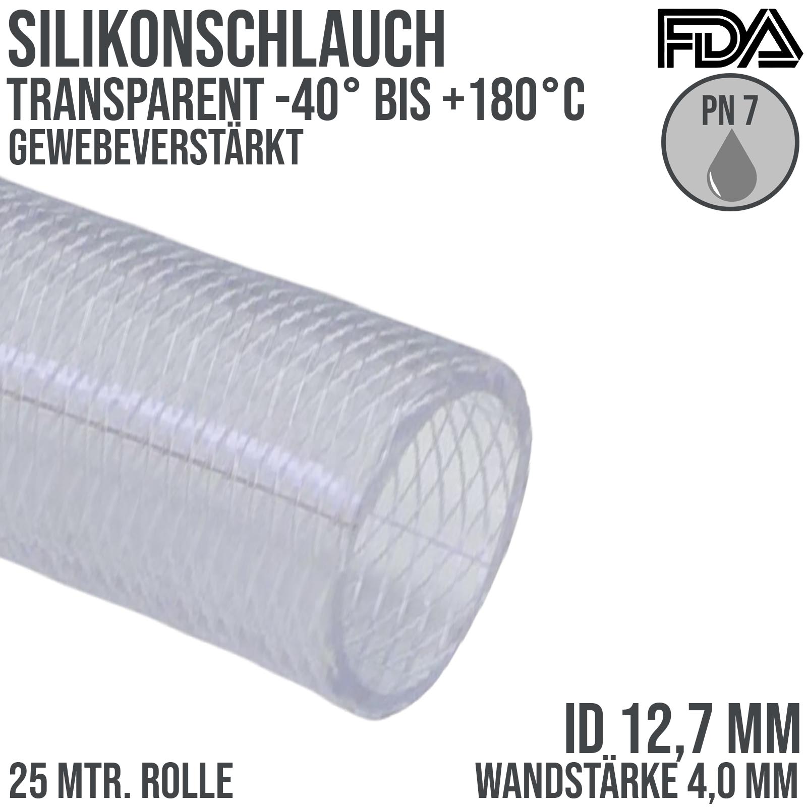 12,7 x 20,7 mm Silikon Silicon Schlauch Gewebe transparent lebensmittelecht FDA PN 7 bar - 25 m