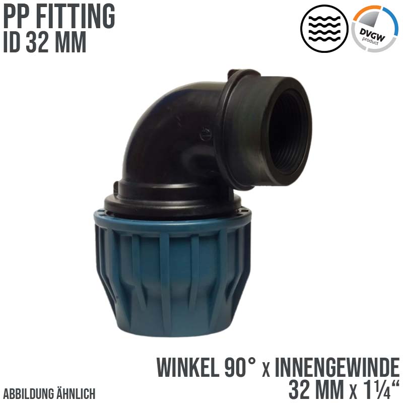32 mm x 1 1/4" PE PP Fitting Klemm Verbinder Verschraubung Rohr Winkel 90° x IG DVGW - PN 16 bar