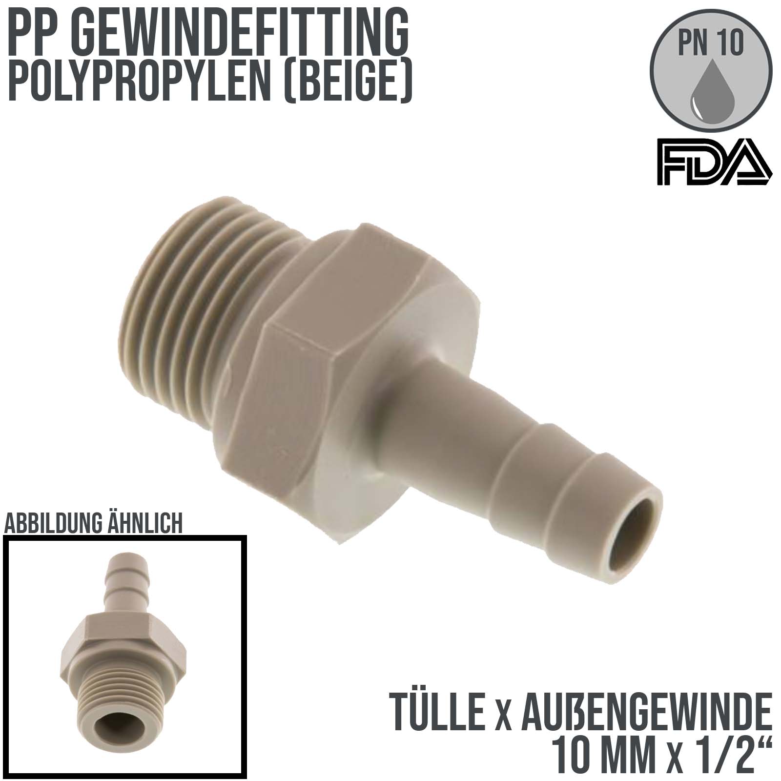PP Gewindefitting (FDA)| Schlauchtülle x AG -  10mm x 1/2" [PN10]