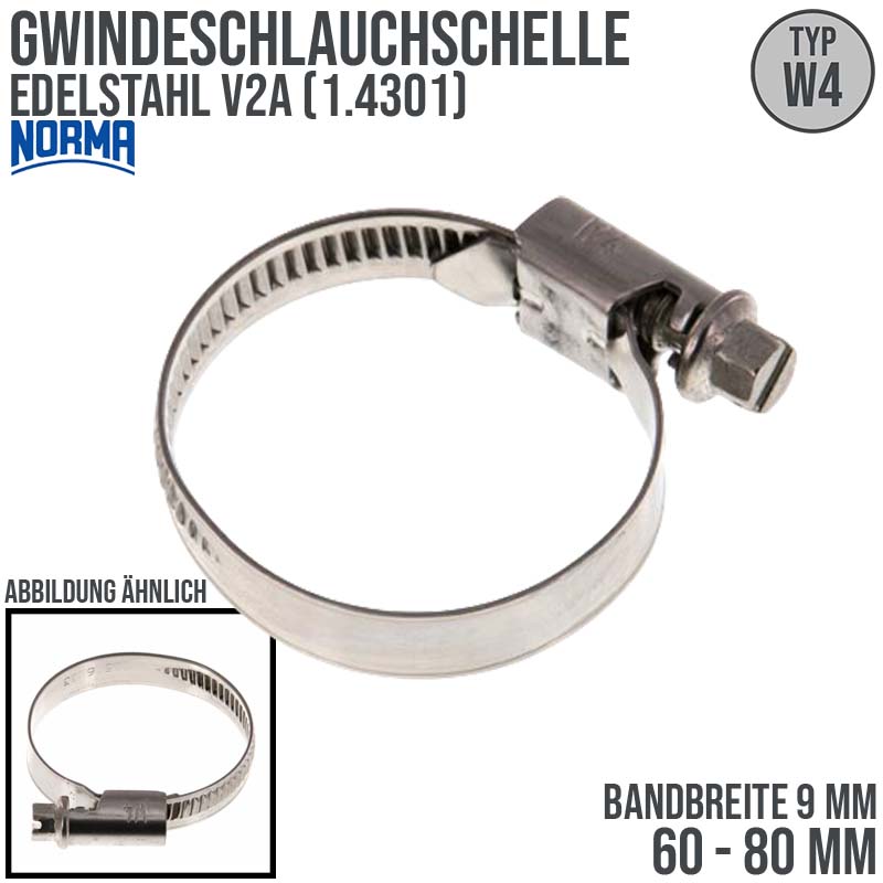 60 - 80 mm NORMA Schlauch Gewinde Rohr Schelle W4 Edelstahl 1.4301 - Band 9 mm