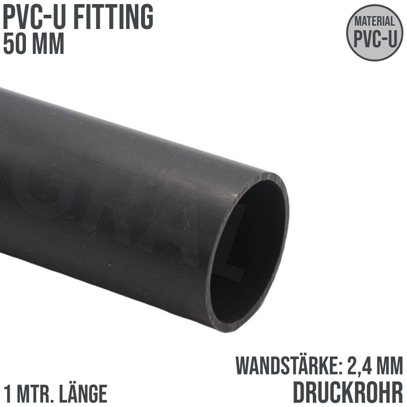 50 x 2,4 mm PVC Klebe Fitting Druck Kunststoff Rohr grau - 1 m Fixlänge - PN 10 bar