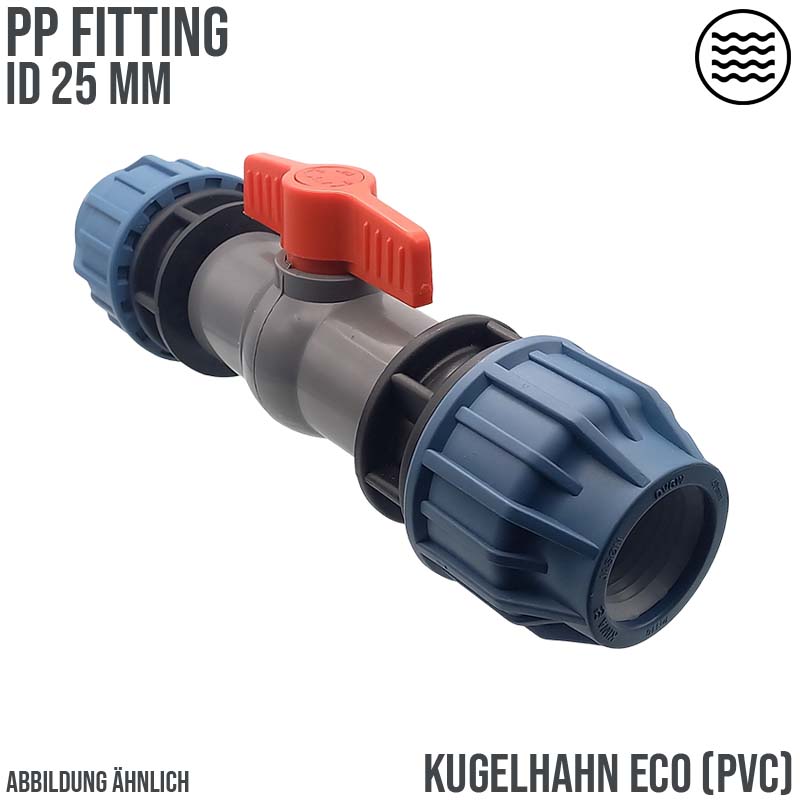 25 mm PE PP Fitting Klemm Verbinder Verschraubung Kugelhahn ECO mit 2-fach Muffe