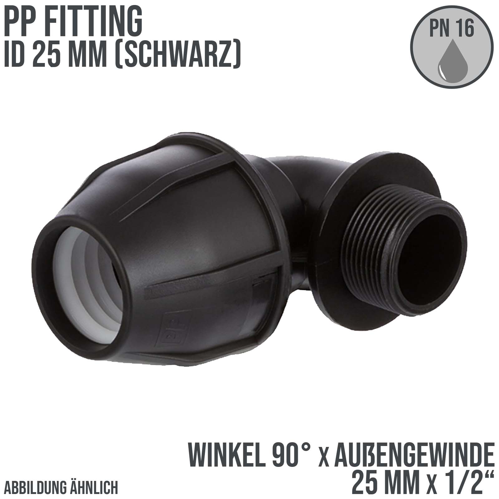 25 mm x 1/2" PE PP Fitting Klemm Verbinder Verschraubung Rohr Winkel 90° x AG schwarz - PN 16 bar 