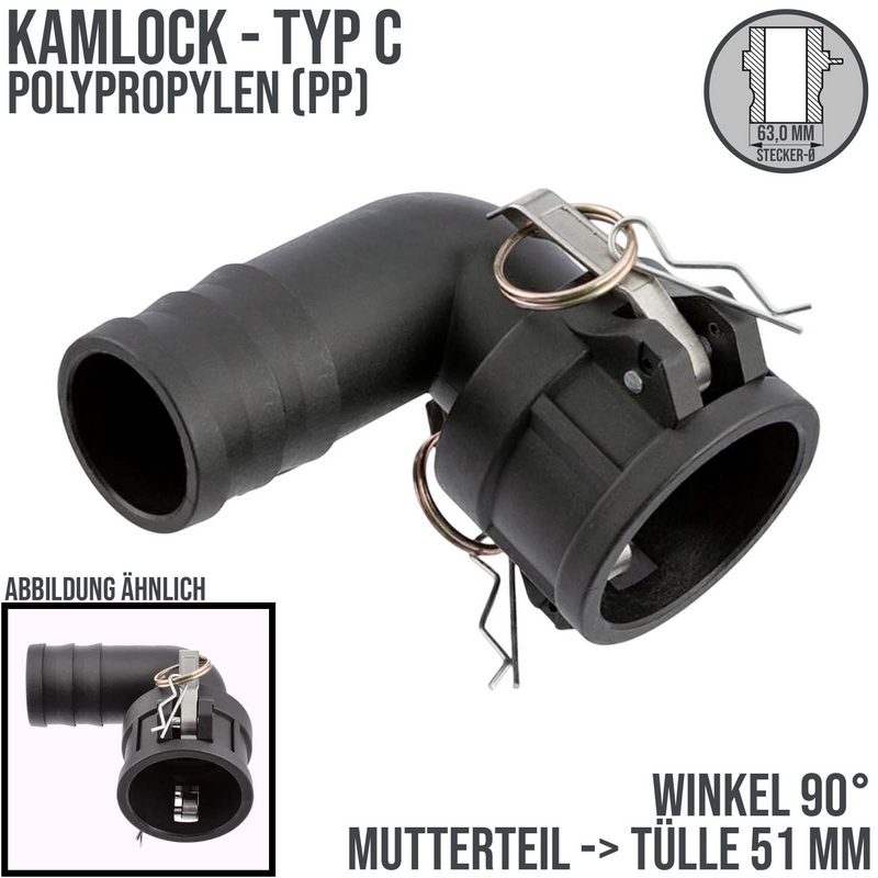 Kamlock Typ C - Winkel 90° Mutterteil (63,0 mm) Polypropylen PP -> Tülle 51 mm DN 50 - PN 6,5 bar