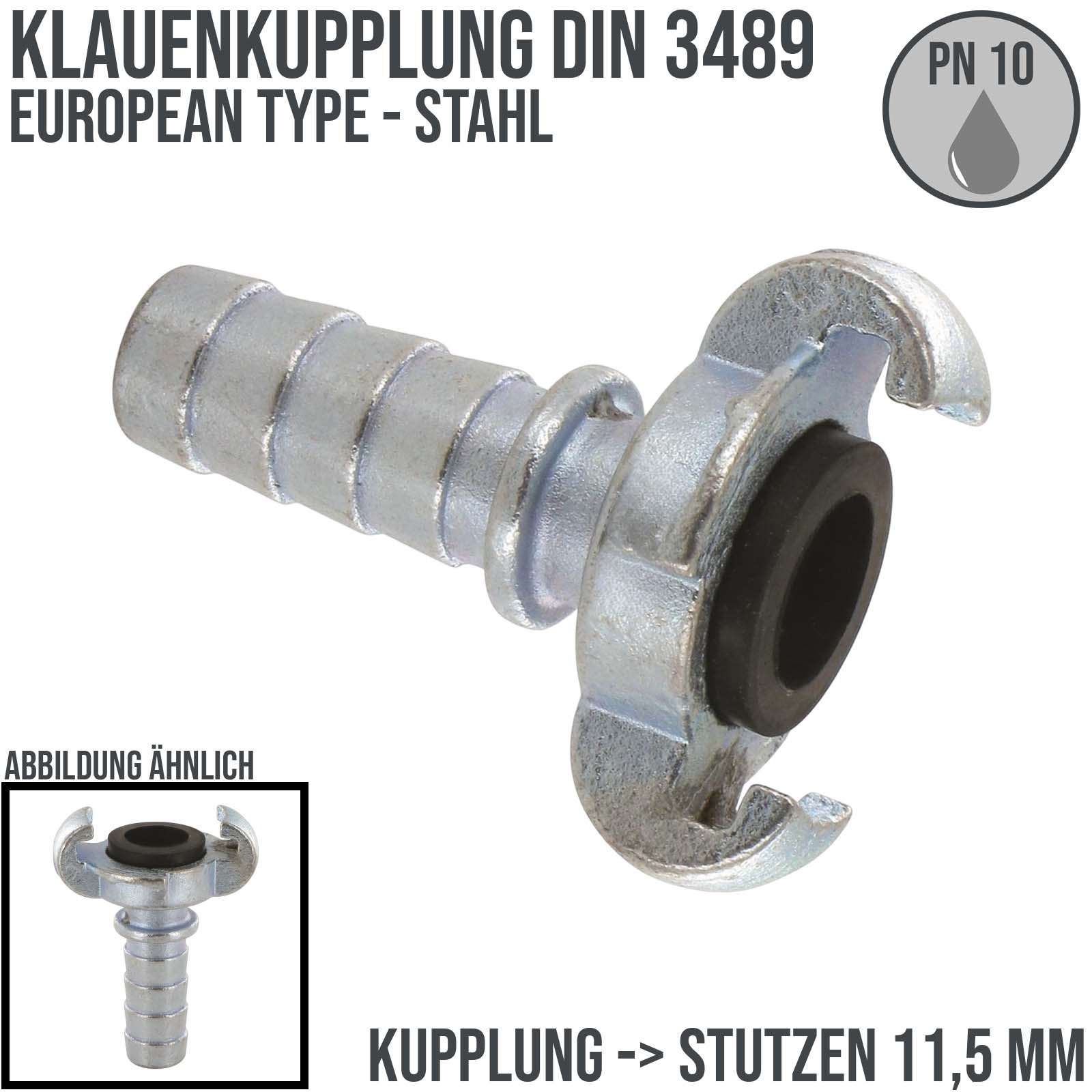 3/8" Klauen Kupplung Stahl European Type Abstand 42 mm Schlauch Stutzen Tülle 11,5 mm - PN 10 bar