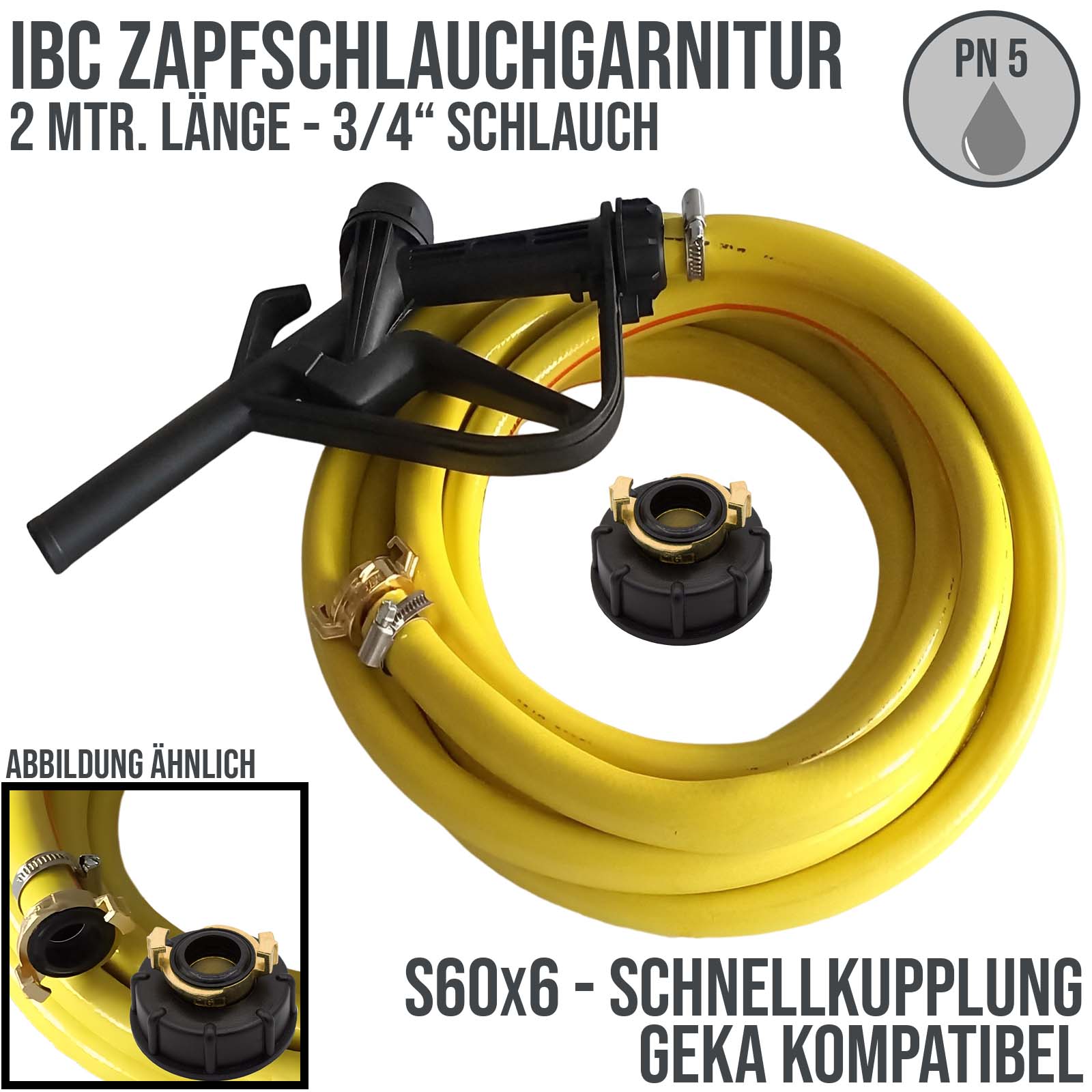 S60x6 IBC Zapf Schlauch Garnitur mit Schnellkupplung Anschluss - 2 m (PP Pistole schwarz) - PN 5 bar