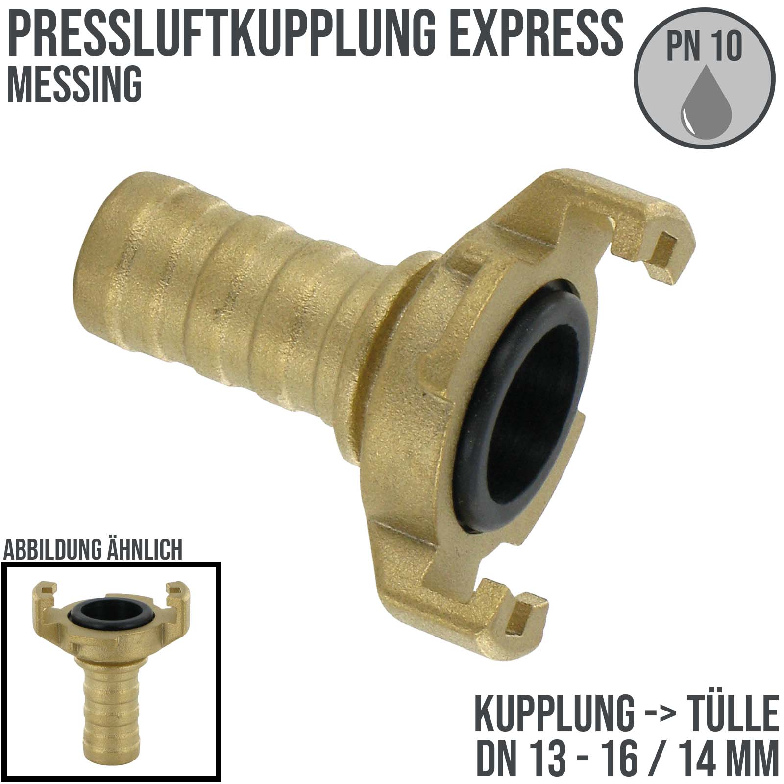 DN 13 - 16 Pressluft Klauen Kupplung Express Messing Abstand 41 mm Schlauch Stutzen Tülle 14 mm - PN 10 bar
