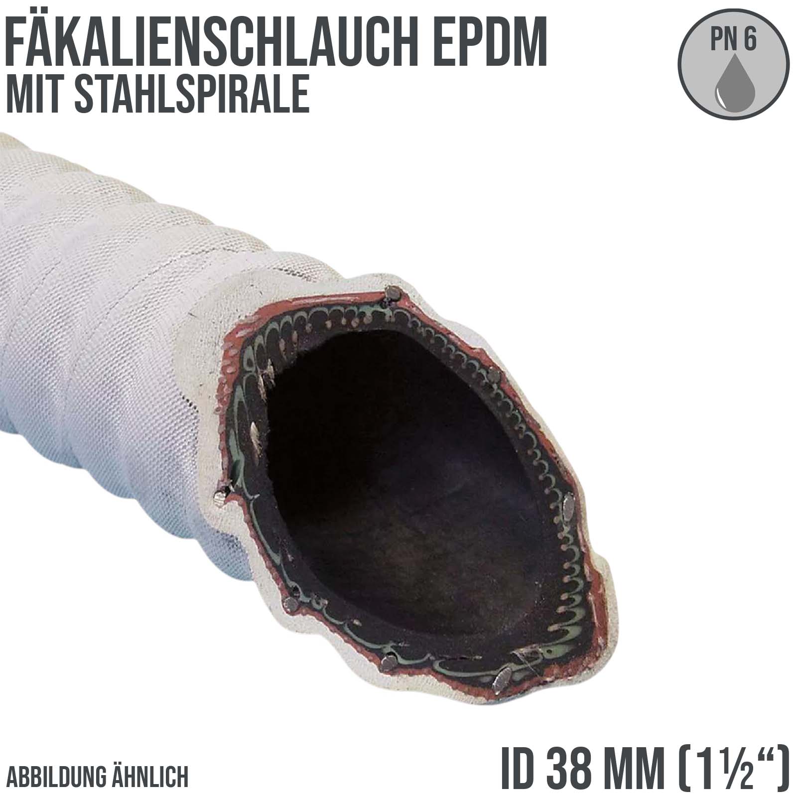 38 mm 1 1/2" Zoll Fäkal Fakalien Saug Ansaug Spiral Förder Abwasser Schlauch EPFM weiß PN 6 bar