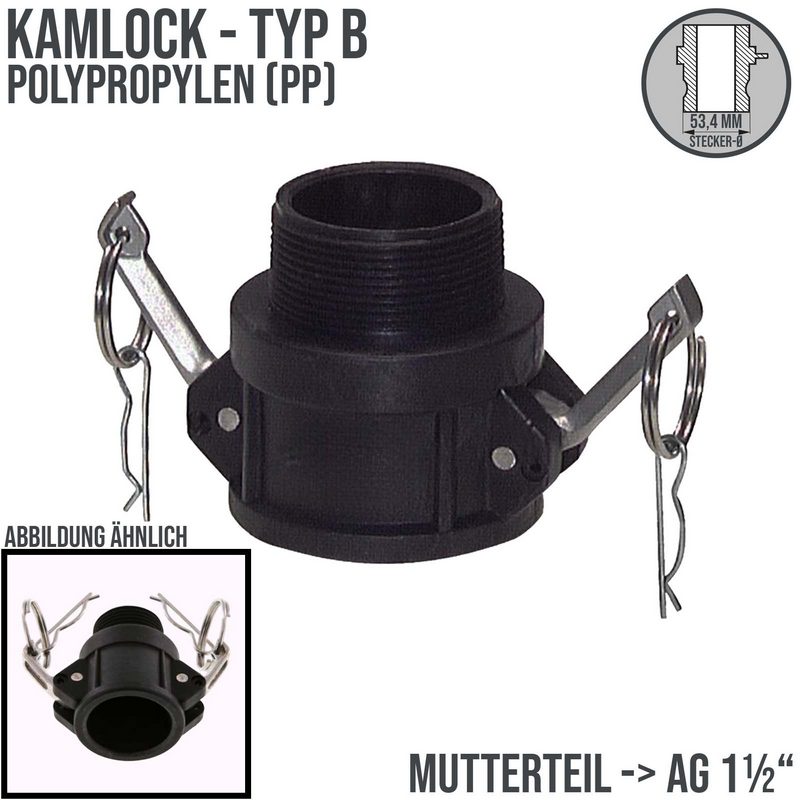 Kamlock Typ B - Mutterteil (53,4 mm) Polypropylen PP mit Außengewinde (AG) 1 1/2" Zoll DN38  - PN 6,5 bar