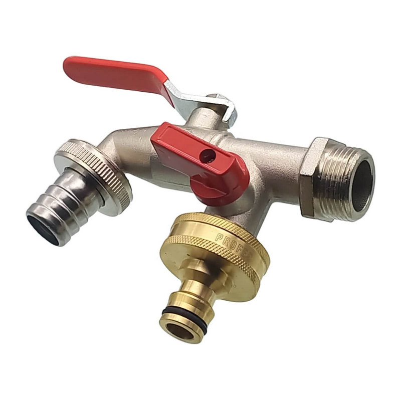 3/4" Messing Auslauf Ventil Hahn 2-fach Auslass 19 mm Tülle Click System PN 10 bar