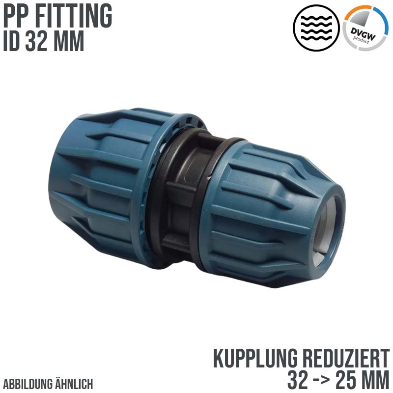 32 x 25 mm PE PP Fitting Klemm Verbinder reduziert Verschraubung Muffe Kupplung DVGW - PN 16 bar