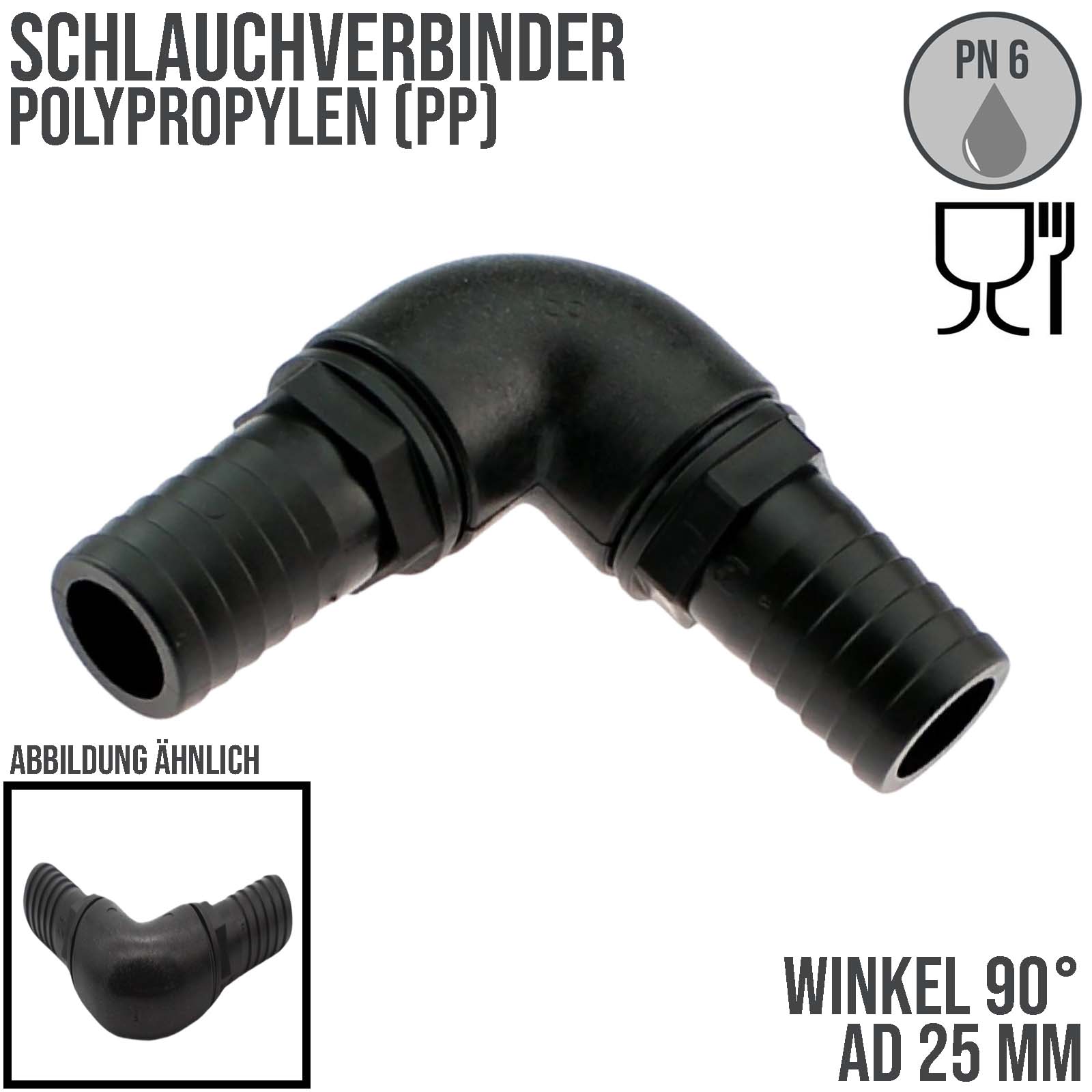 25 mm Winkel 90° Schlauch Verbinder 2-fach Stutzen Tülle Pool Teich Garten schwarz - PN 6 bar
