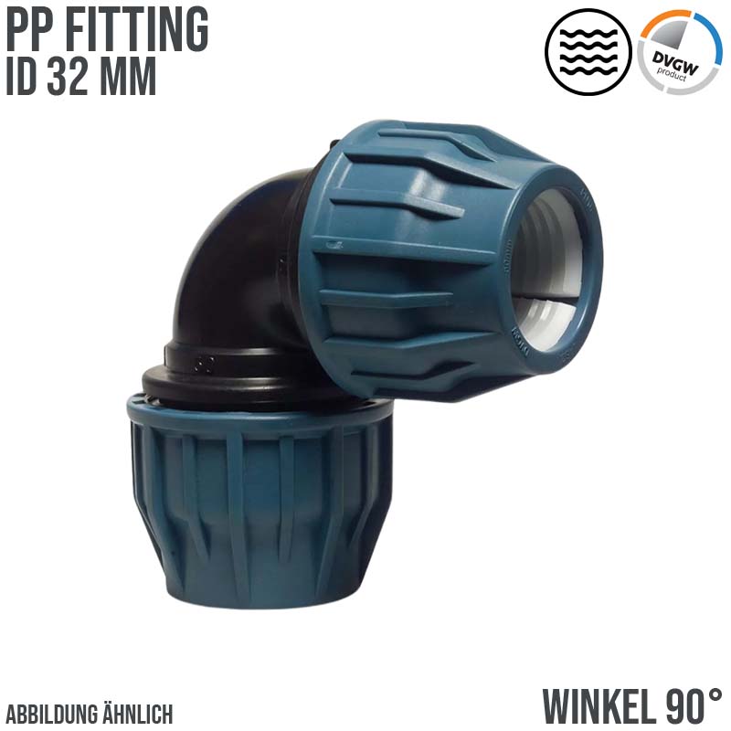 32 mm PE PP Fitting Klemm Verbinder Verschraubung Muffe Rohr Winkel 90° DVGW - PN 16 bar