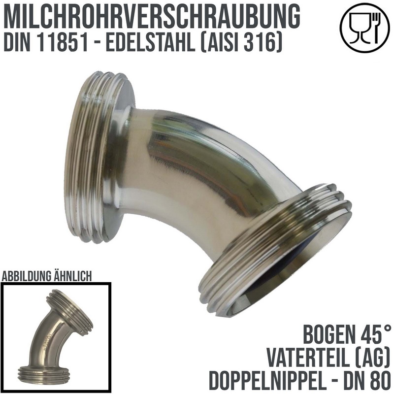 DN 80 Milchrohr Verschraubung DIN 11851 VT Vaterteil Stutzen 45° Bogen Außen x Außengewinde - PN 25 bar