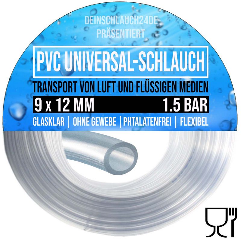 9 x 12 mm PVC Luft Filter Wasser Universal Labor Aquarium Terrarium Schlauch klar durchsichtig - PN 1,5 bar