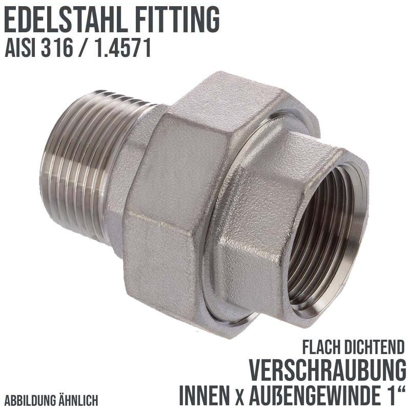 1" Edelstahl Fitting V4A AISI 316 Verschraubung Innen x Außengewinde IG x AG flach dichtend  - PN 16 bar