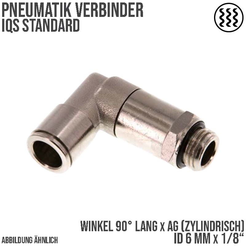 6 mm x 1/8" Pneumatik Steck Verbinder Winkel 90° lang IQS MSV Messing Außengewinde zylindrisch - PN 16 bar