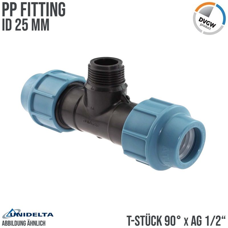 25 mm x 1/2" PE PP Fitting Klemm Verbinder Verschraubung Rohr T-Stück 90° x AG DVGW - Unidelta