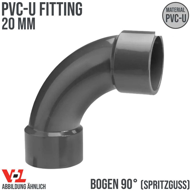 20 mm VDL PVC Klebe Fitting Bogen Winkel 90° (Spritzguss) Muffe Verbinder - PN 16 bar