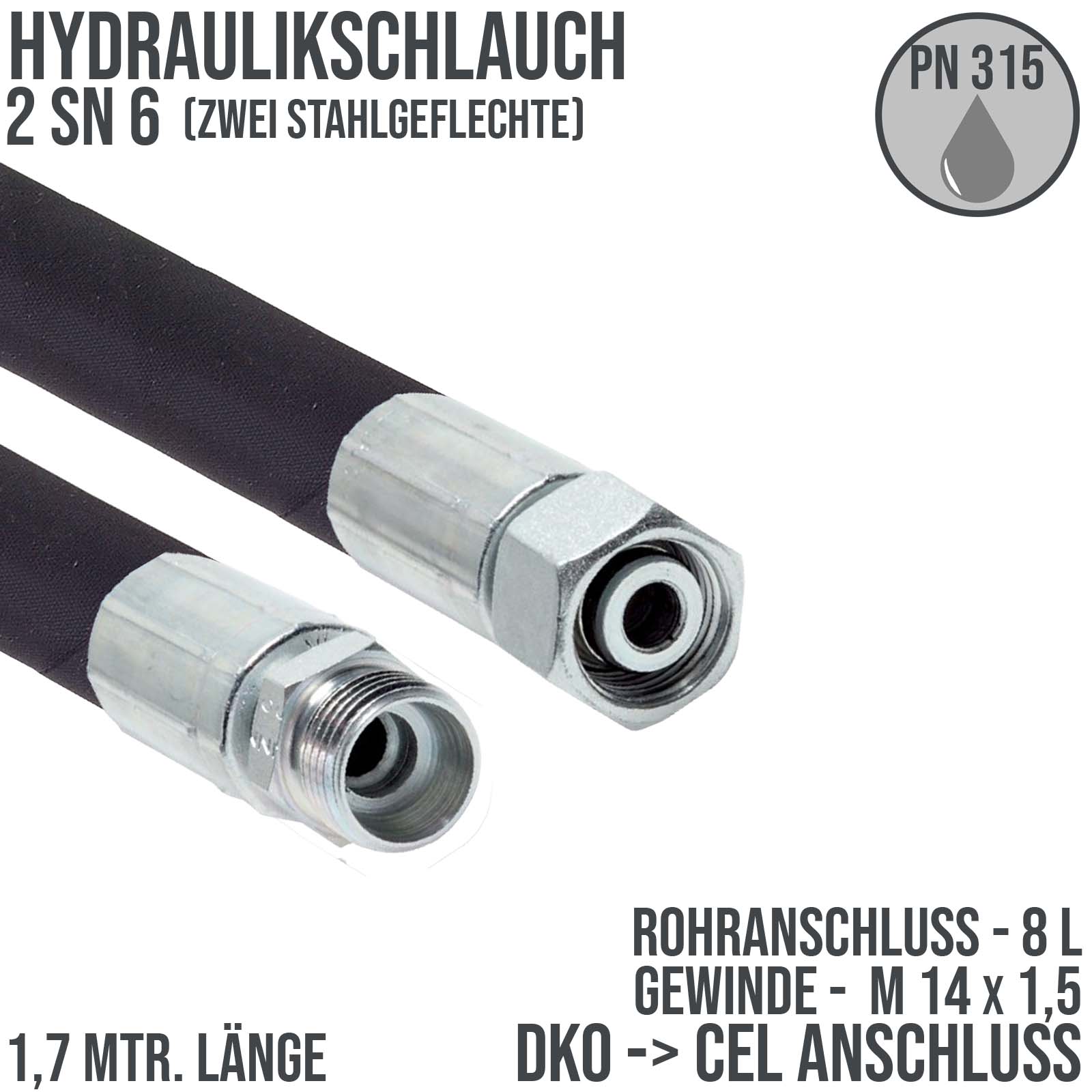 Hydraulikschlauch DN 6 2SN6 - 8 L DKO (IG) auf CEL (AG) Anschluss (M 14 x 1,5) - 1700 mm