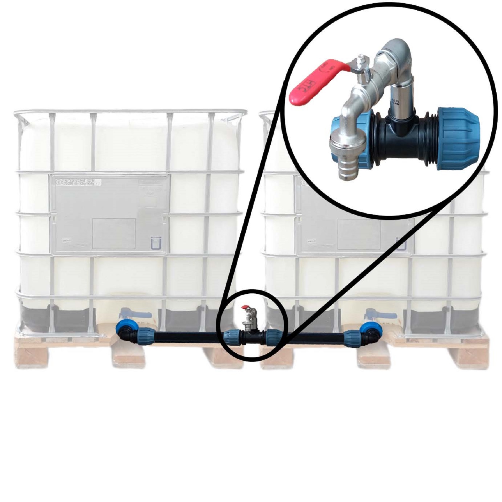 IBC Container Tankverbinder Anschluss Set 32 mm nebeneinander Wasserhahn Auslaufventil