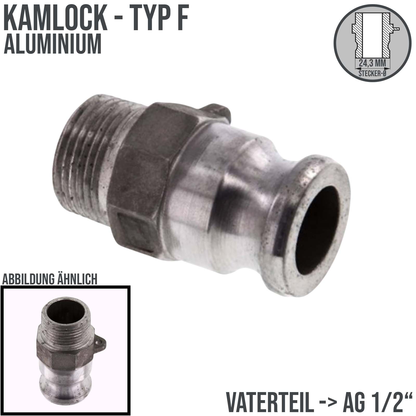 Kamlock Typ F - Vaterteil Aluminium - 24,3 mm Stecker mit Außengewinde (AG) 1/2" Zoll DN 15 - PN 10 bar