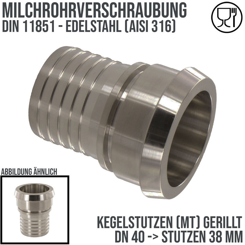 DN 40 Milchrohr Verschraubung DIN 11851 Mutterteil Kegel Stutzen Sicherungsbund - Stutzen gerillt 38 mm - PN 25 bar