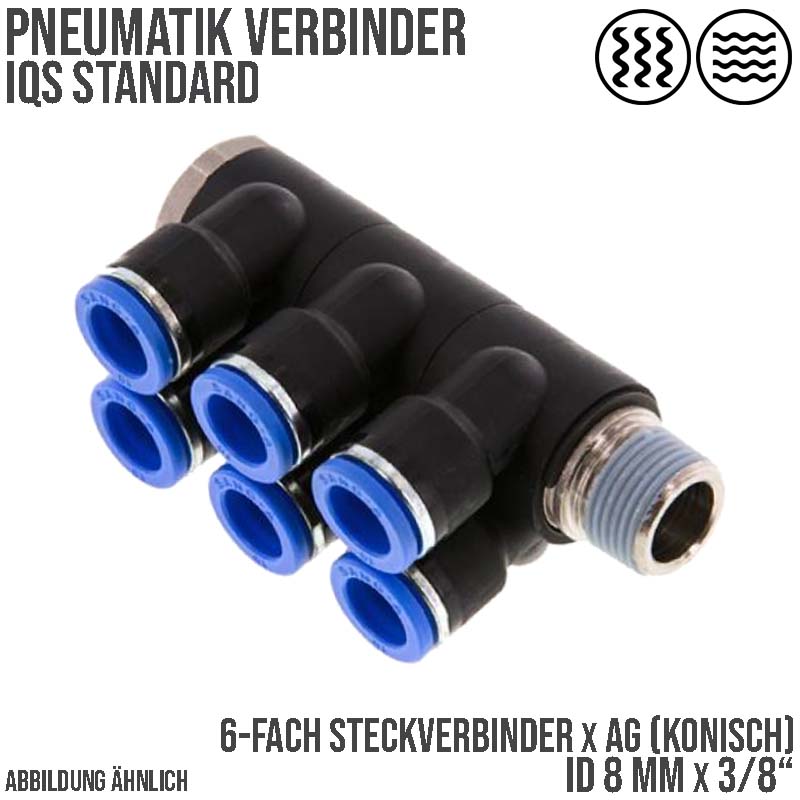 8 mm x 3/8" Pneumatik Steck Verbinder 6-fach Verteiler IQS Außengewinde konisch - PN 20 bar