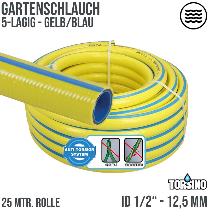12,5 mm 1/2" Zoll 5-lagiger Garten Wasser Bewässerung Schlauch gelb Torsiono Plus PN 10 bar - 15m