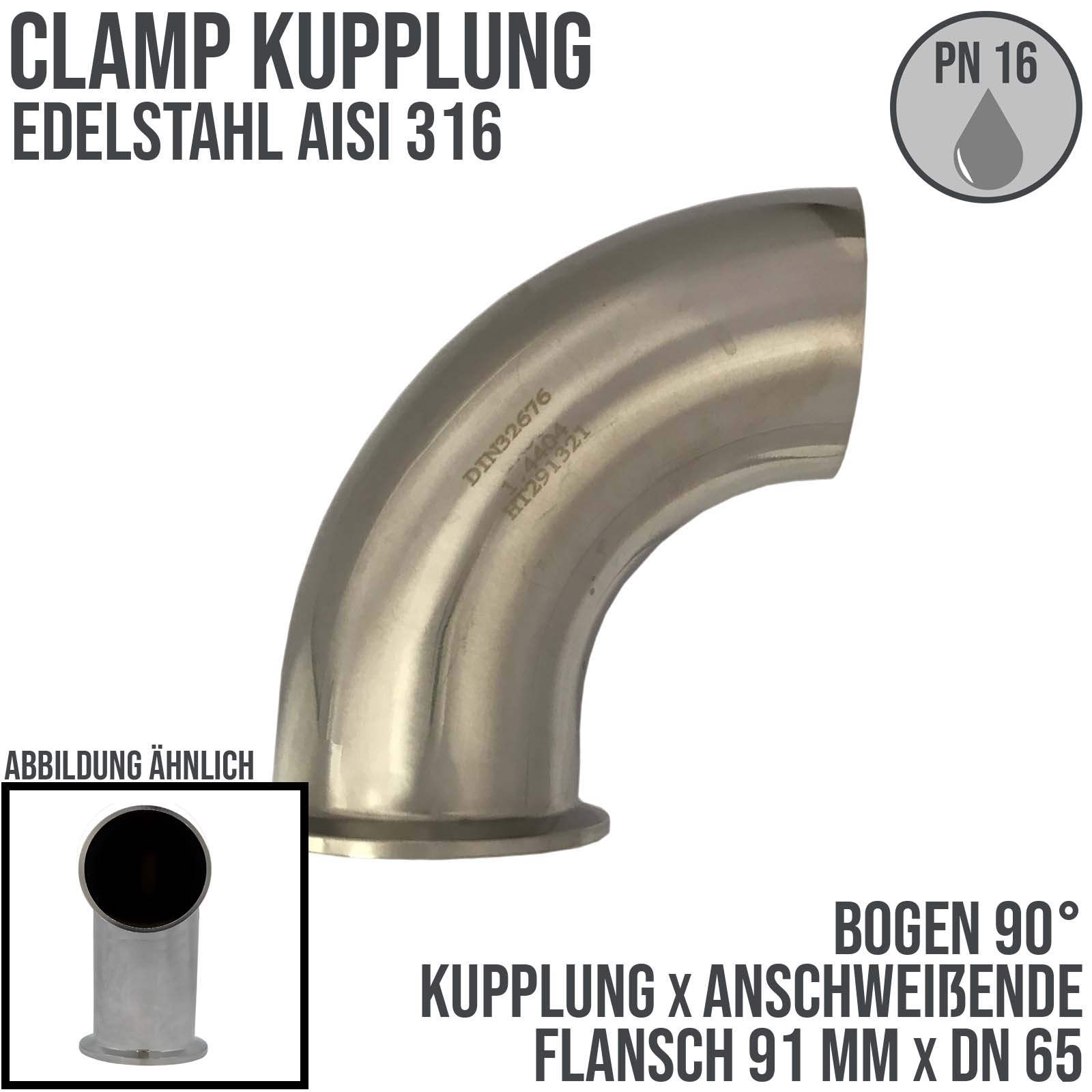 CLAMP Kupplung Bogen 90° 91 mm DIN 32676 Flansch Teller Anschweissende DN 65  2 1/2" - PN 16 bar