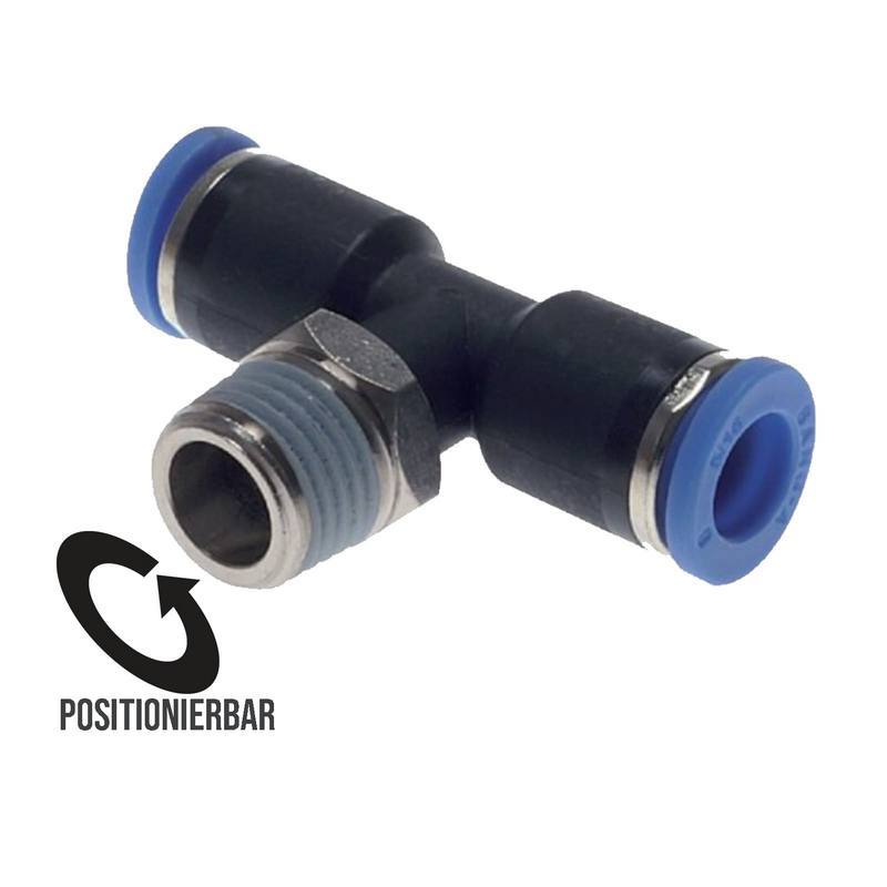 4 mm x 1/4" Pneumatik Steck Verbinder T-Stück 90° IQS Außengewinde konisch - PN 20 bar